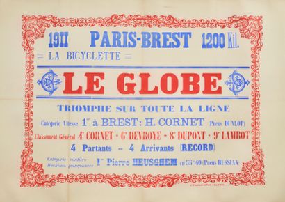 Affiche. «Palmarès du Paris-Brest 1911». Victoire sur bicyclette Le Globe. Imprimerie...