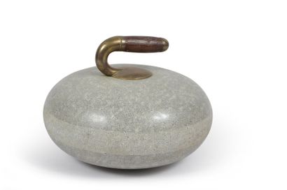 null Curling stone in polished granite with its wooden handle on a bronze fixing....