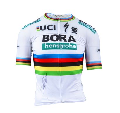 null Peter Sagan. World Champion coloured jersey worn with the Bora-Hansgrohe team...