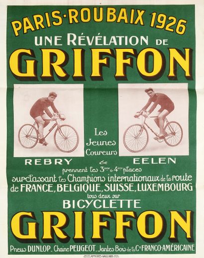 null Affiche «Paris-Roubaix 1926». les coureurs Rebry et Eelen, 3ème et 4ème sur...