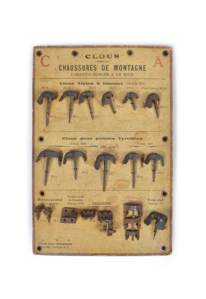 Display plate for mountain boots nails. Circa...