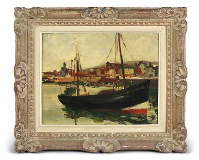 Georges NOEL (1907 - 1970) 
Bateaux de pêche dans le port de Quiberon.
Toile. Signée....