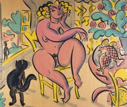 École du XXe siècle 
Naked woman with black cat.
Gouache on kraft paper.
99 x 120...