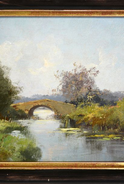 Eugène GALIEN-LALOUE (1854 - 1941) - Léon DUPUY (pseudonyme). Lively riverbank. Oil...