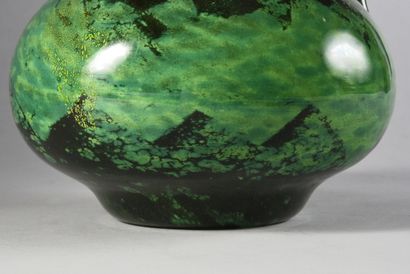 DAUM Nancy 
Marbled green blown glass pitcher with gold leaves inclusion. 
Around...