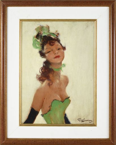 Jean-Gabriel DOMERGUE (1889 – 1962) 
Femme en robe verte.
Huile sur isorel, signée...