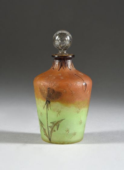 DAUM à Nancy 
Bottle with dandelion decoration.
Glass proof with acid-etched and...