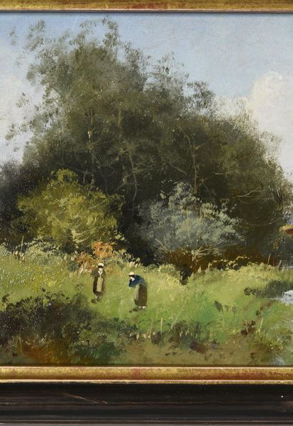 Eugène GALIEN-LALOUE (1854 - 1941) - Léon DUPUY (pseudonyme). 
Bord de rivière animé.
Huile...