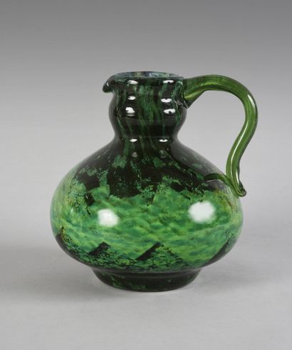 DAUM Nancy 
Marbled green blown glass pitcher with gold leaves inclusion. 
Around...