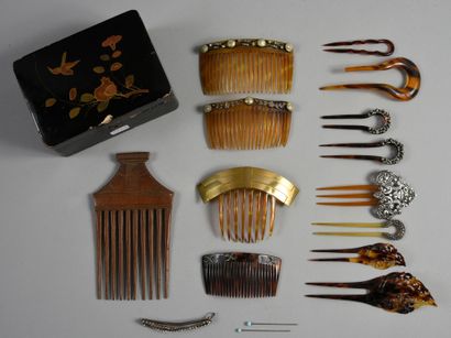 null . Meeting of ten hair combs, 1900-1930 approximately, combs in blond horn, tortoiseshell...