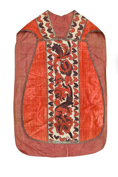 null . Chasuble embroidered with counted stitches, Regency period, velvet with curly...