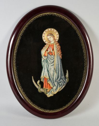 null . Orphrey embroidery, late 19th-early 20th century, Holy Virgin crowned with...