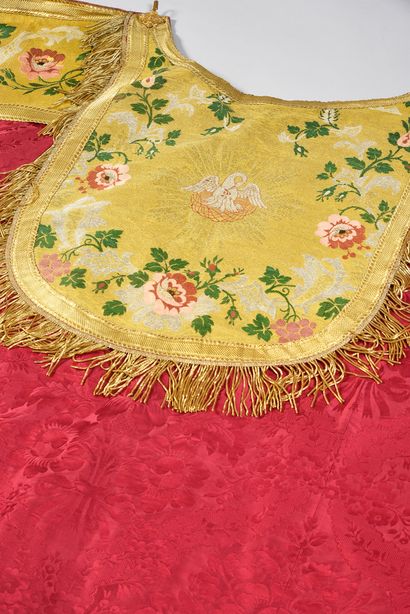 null . Mantle, circa 1850, cherry damask in the Louis XV style; silk brocade and...