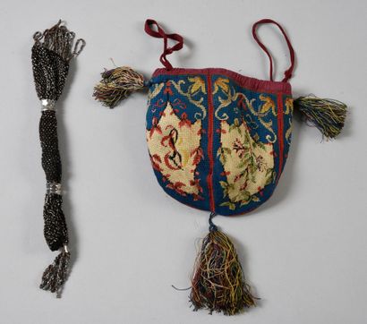 null . Two purses, mid-19th century, one with four quarters in silk tapestry in petit...