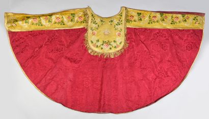 null . Mantle, circa 1850, cherry damask in the Louis XV style; silk brocade and...