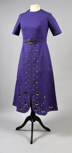 . Dress circa 1970, purple wool crepe trapeze...
