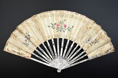 null L'amour guitariste, circa 1780 Folded fan, silk leaf embroidered with gold and...