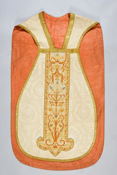 null . Meeting of four chasubles with embroidered orphreys in tapestry, late 19th...