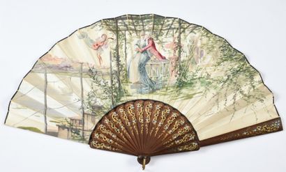 null The Kiss, ca. 1890

Folded fan, the cream satin sheet painted with a couple...