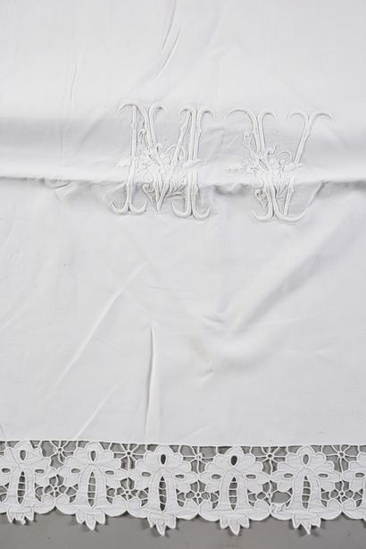 null . Embroidered bed set, early 20th century, sheet and pair of pillowcases in...