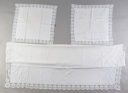 null . Embroidered bed set, early 20th century, sheet and pair of pillowcases in...