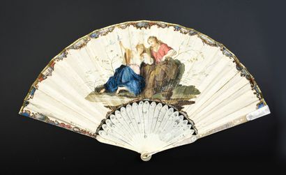  The shepherdess, circa 1700 Folded fan, the leaf in skin, mounted in English, painted...