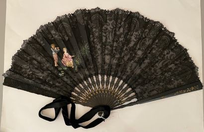 null The two children, circa 1890

Folded fan, the black lace leaf decorated with...