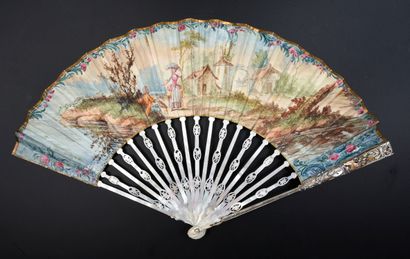 null La jolie fileuse, ca. 1750-1760 Folded fan, skin sheet painted with gouache...