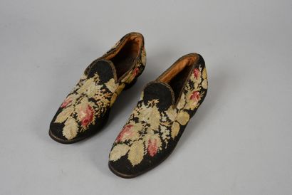 null . Pair of men's indoor shoes or slippers, mid-19th century, the upper in tapestry...
