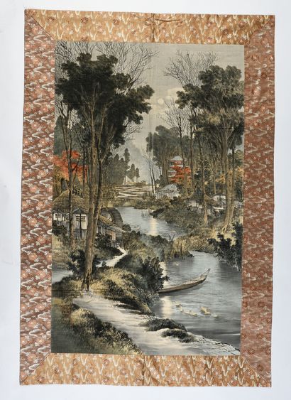 null . Birodo yuzen velvet hanging, Japan, Meiji period, curly silk velvet, painted...