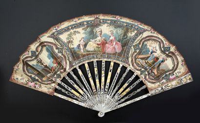 null L'amour guitariste, circa 1780 Folded fan, silk leaf embroidered with gold and...