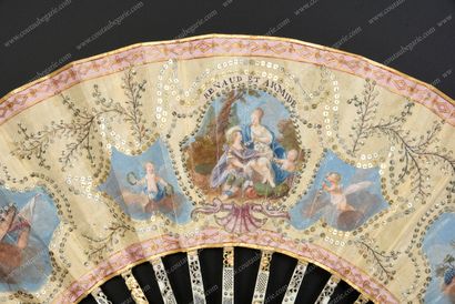 null RENAUD AND ARMIDE, CIRCA 1780.

Folded fan, double sheet of cream silk painted...