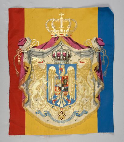 null . Flag of Romania woven by the Tassinari&Chatel factory in 1925, brocaded polychrome...