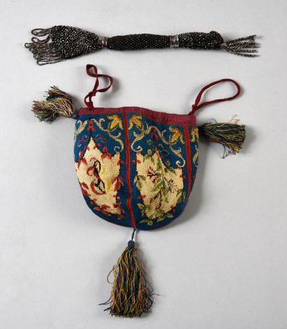 null . Two purses, mid-19th century, one with four quarters in silk tapestry in petit...