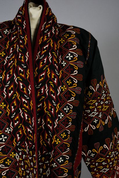 null . Tekke woman's coat, Turkmenistan, Central Asia, black silk taffeta and raspberry...