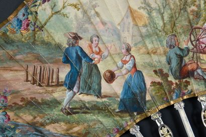 null La jolie fileuse, vers 1750-1760 Eventail plié, feuille en peau peinte à la...