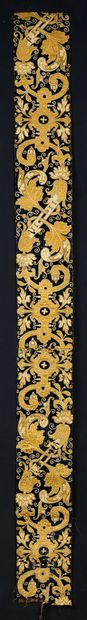 null . Embroidery border, early 17th century, navy blue silk velvet, acanthus scrolls...