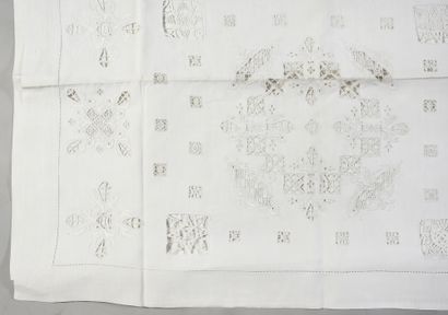 null . Embroidered bed set, early 20th century, sheet and pair of pillowcases in...