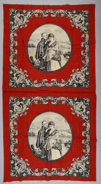 null . Two printed neck handkerchiefs, not cut, Alsace, Second Empire, cotton canvas...