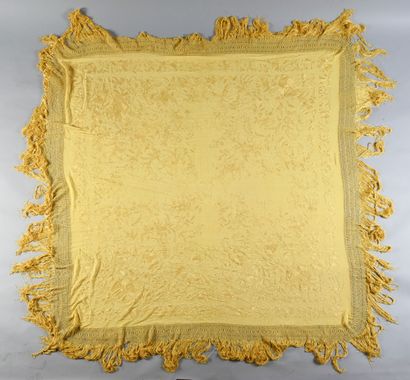 null . Canton shawl, China, last third of the 19th century, yellow silk crepe embroidered...