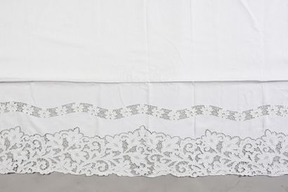 null . Embroidered bed linen set, early 20th century, sheet and pair of pillowcases...