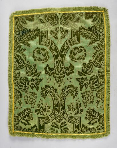 null . Chased velvet table carpet, Louis XIV style, circa 1900, green silk chased...