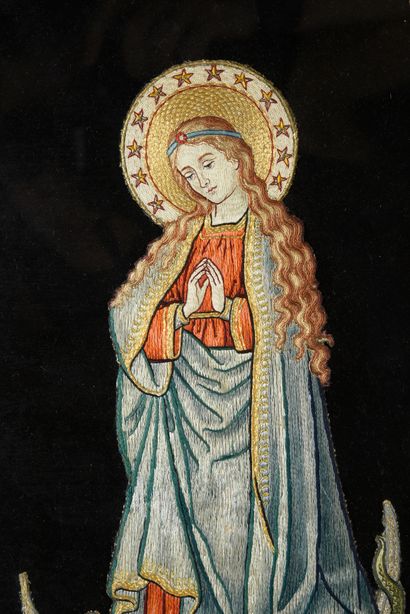 null . Orphrey embroidery, late 19th-early 20th century, Holy Virgin crowned with...