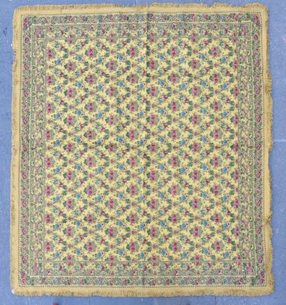 null . Table rug, circa 1920, thick yellow cotton and artificial silk with a Renaissance-inspired...