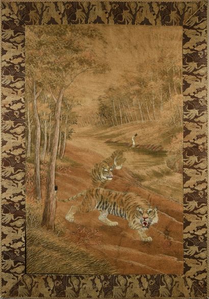 null . Panneau brodé aux tigres, Japon, époque Meiji, broderie en cordonnet soie...