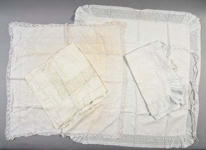 null . Reunion of parts of bed linen sets, 18th-19th century, two pillowcases in...