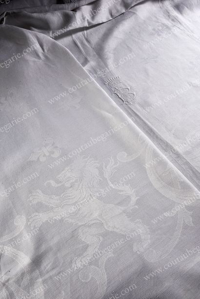 null . Cotton damask floral tablecloth, embroidered numeral under count's crown,...