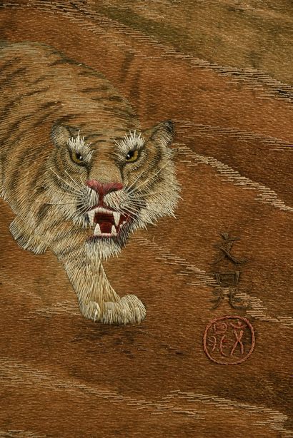 null . Embroidered panel with tigers, Japan, Meiji period, polychrome silk cordonnet...