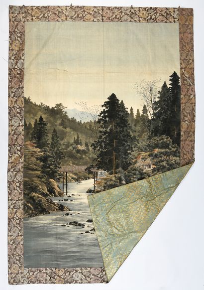 null . Birodo yuzen velvet hanging, Japan, Meiji period, curly silk velvet, painted...