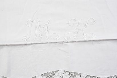 null . Embroidered bed linen set, early 20th century, sheet and pair of pillowcases...